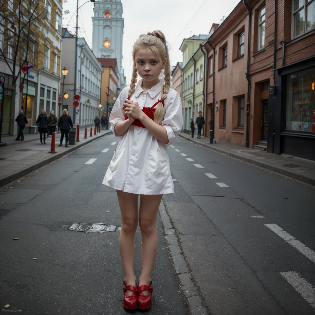 Full body view of an 8 year old Russian vampire girl with blonde hair that is tied into a bun and and demonic red eyes wearing a cute outfit that has lots of pockets in the streets of Moscow Russia