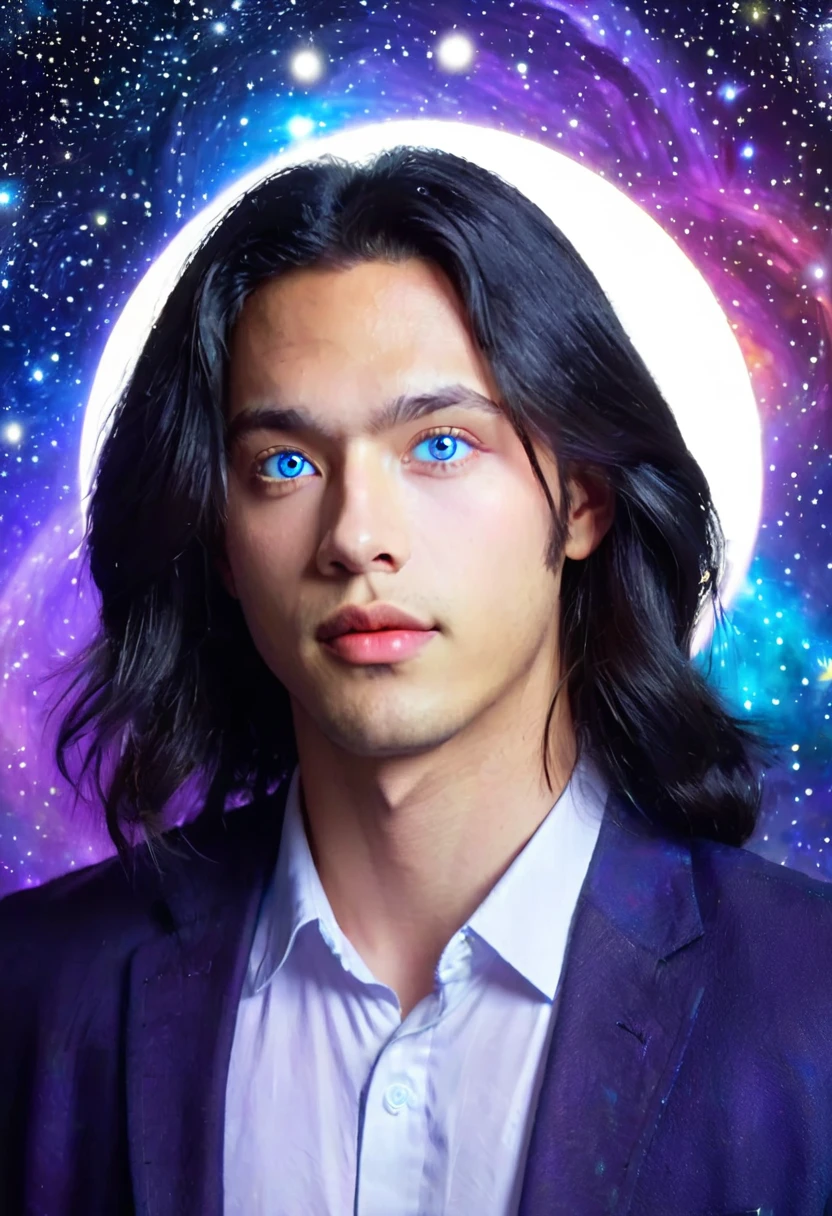 Young light-skinned man, with light blue eyes and long hair, wearing modern clothes. He has a halo with unusual shapes above his head and is floating in space. In the background there are bright stars, spiral galaxies and several planets of different sizes and colors.