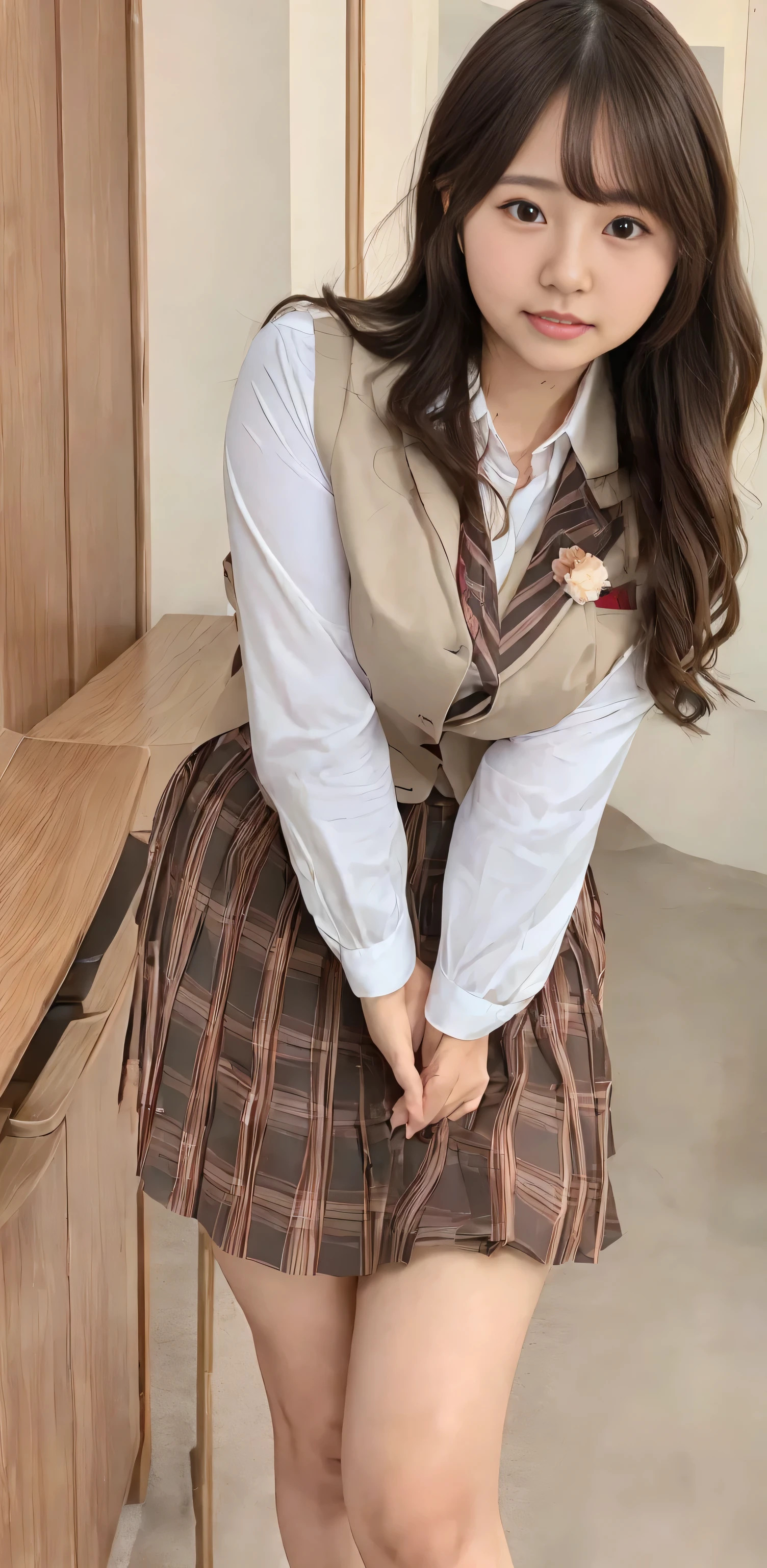 ((Highest quality, Highest quality, Raw quality)), Japanese ID, Mature Woman, ((Chubby round face around 40 years old)), Wavy black hair with no bangs, Long Hair:1.65, Big twin ponytail:1.79, Flashy makeup, Fuller lips, Sexy Gaze, Cute Uniform, ((dressing)), looking at the camera, Low angle shooting, Cute duck lips,((Very accurate and correct anatomy)), (masterpiece:1.3), Perfect proportions, Realistic photos, Full Shot, whole body, ((height: 146cm)), High heels, loafers, (2 Foot, Two arms), ((Panty shot))