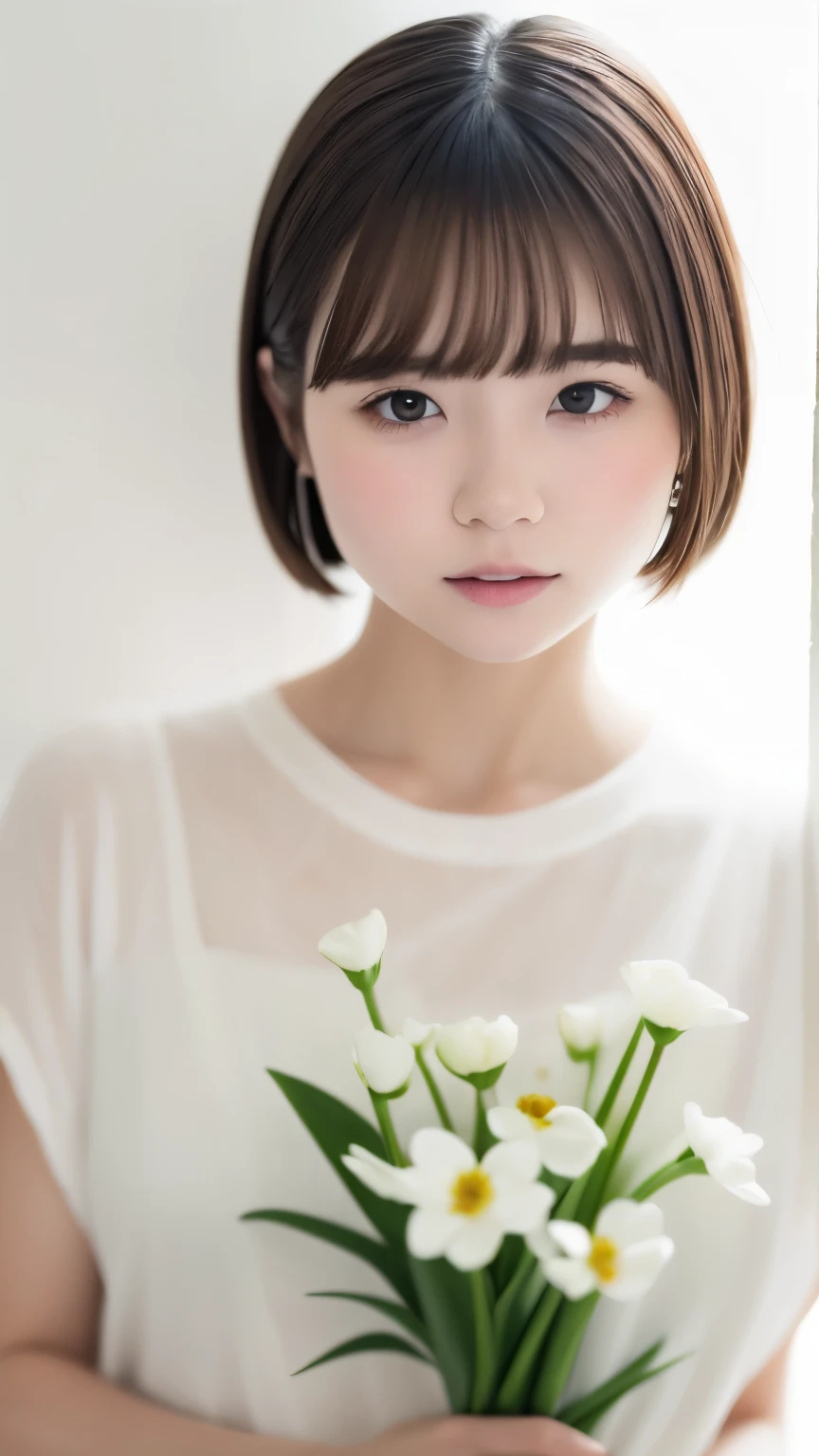 Portraiture、masterpiece:1.3、One Girl、Baby Face、Natural look、very cute、Brown Hair、Short Bob、small red earrings、Fuller lips、No makeup、White T-shirt、Focus on the face、最high quality、High resolution、Very detailed、high quality、Detailed explanation、８ｋ、(((Blurred Background、White wall、White Background、White world、Flower Illustration、Flower Illustrationの壁、壁にFlower Illustration、Flower Illustrationが描いてある壁、Photo Studio:1.5、Cinema Lighting、Professional Photographer)))