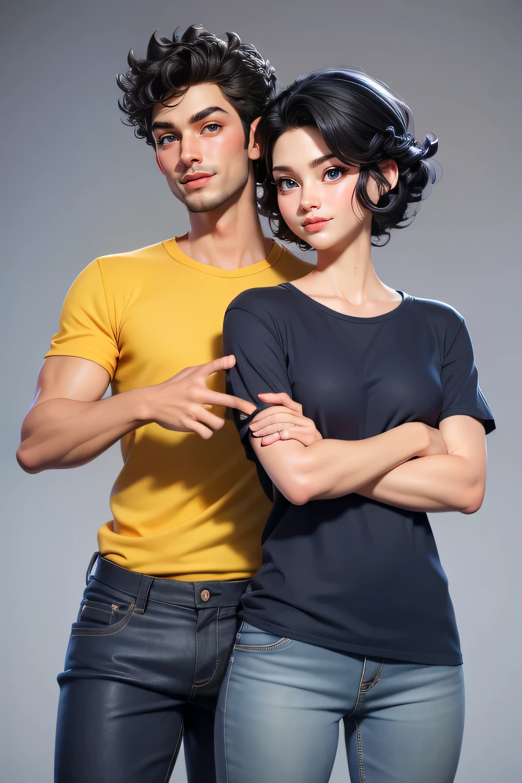 A couple,1 man (25yo) , , sexy pose, handsome face, curly hairstyle, , seductive smile, blue casual shirt, short pants, A hyper realistic carricature ,photorealism,of a 1 skinny woman 25 yo.with black random hair style,standing.wearing with yellow casual shirt ,jeans ,light smile, high detail,3d render,high definition. .grey background