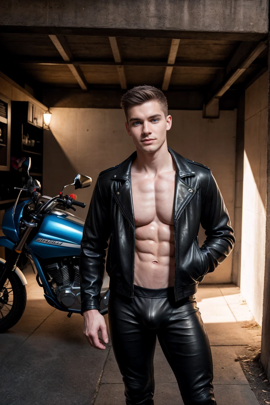 1boy, (Blue Eyes), happy smile,American boy,18 years old,young, thick body, slender, sport body build, child-like,White age boy,Close-up photo,full body photo ,RAW photo,garage, (standing beside a motorcycle:1.5), suave, (solid black leather jacket:1.6), boots, (((full body portrait))), wide angle , wearing black colors micro thong with medium bulge,pale skin, skinny, good lighting, very pale skin, light skin, model with attractive body,medium bulge and medium butts,(Best quality, 8k, Masterpiece). High Detail , superior quality, natural lighting, beautiful, sexy, correct anatomy, good composition,realistic shapes, realistic skin tones,Natural eyes,realistic eyes,looking up at viewer,vpl,realistic muscles,Realistic wrinkles on the skin,Realistic arms and legs,Realistic face,realistic hair,Make a sexy and seductive face, Clear Focus: 1.2, Perfect Body virile: 1.4 , Slender Abs: 1.2, Highly detailed face and skin texture, detailed eyes, double eyelids, big upper lip, man focus,amazing composition, front view, HDR, volumetric lighting, ultra quality, elegant,Post a erotic photoshoot,Realistic pose,detailed hair,full body,Fujifilm XT3 photorealistic art by midjourney