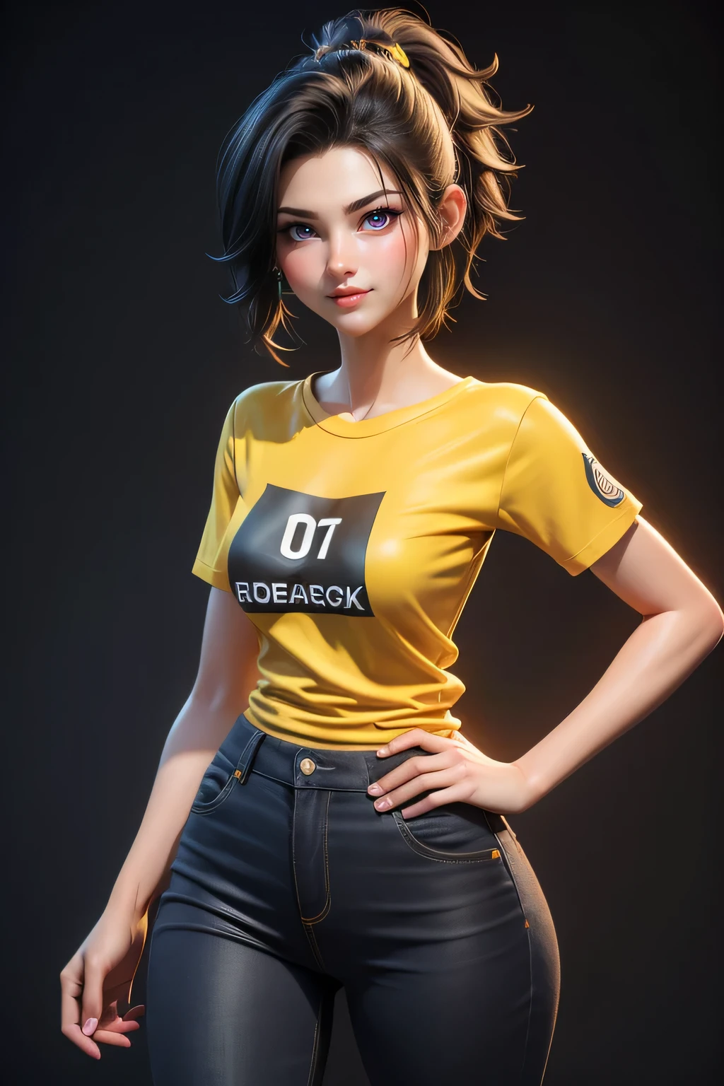 A hyper realistic carricature ,photorealism,of a skinny woman 20yo.with black random hair style,standing.wearing yellow t shirt and jeans ,light smile, high detail,3d render,high definition.medium body
