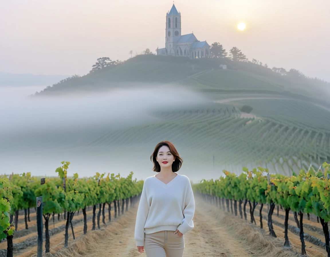 8k best picture quality, Beautiful 36-year-old Korean woman, short and nice weather. Chest size 34 inches, 이탈리아 시골의 thick fog at dawn, past the vineyard, The cathedral is visible in the fog in the distance., The back background is realistic and vivid quality., Short and medium hair blowing in the wind, luxury travel jumper, beige jeans, a faint smile. the background is clear, Short and slim Korean woman, stand far away, Photo taken with a wide-angle lens, thick fog at dawn