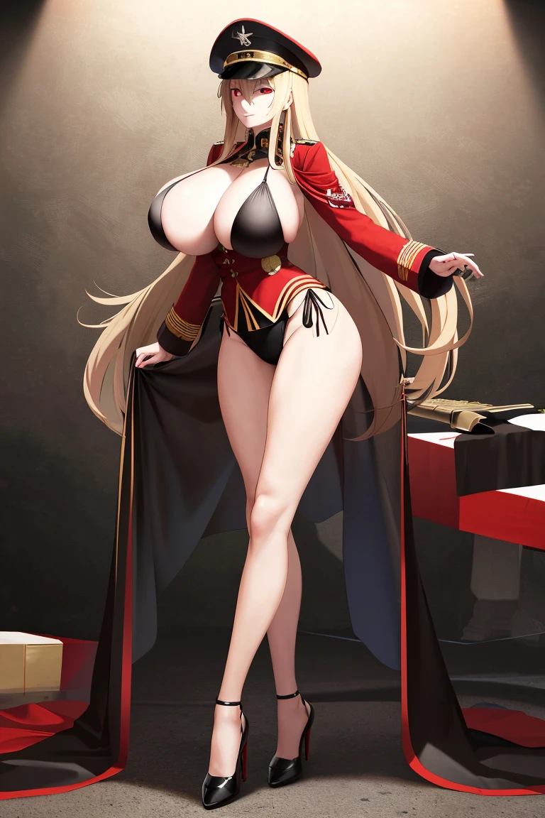 A woman,Long blond hair,Red eyes,Put on a military cap,Wearing a black bikini,Long legs,Nipple protrusion,Twenties,exposed,Black high heels,Huge breasts,超级Huge breasts,Standing