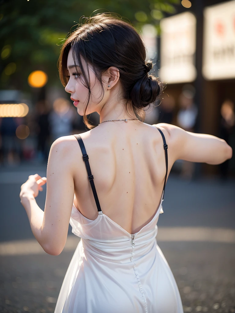Mix 4, (8k, Live Shooting, Highest quality, masterpiece: 1.2), (Real, Photorealistic: 1.37), 一人のgirl, cute, night, rain, Wetty, Professional Lighting, Photon Mapping, Radio City, Physically Based Rendering, Gradient black hair, Gray Hair, Short Curly Hair, good looking, girl, Highest quality写真, High resolution, 1080P, (Clear Face), (Detailed face description), (Detailed hand description), (masterpiece), (Exquisite CG)、Extreme light and shadow、Disheveled Hair、Masterwork、Rich details、(Fine facial features)、(Highest qualityの写真)、(Masterpiece)、(Detailed eyeid-breasted))、Nipple erection、Sexy、Lady、Clear、Smooth Hair、Clothes are not shiny、Change of clothes中、In the process of taking off clothes、Change of clothes、Beautiful back、Bare back、With your back facing forward、Back muscles、