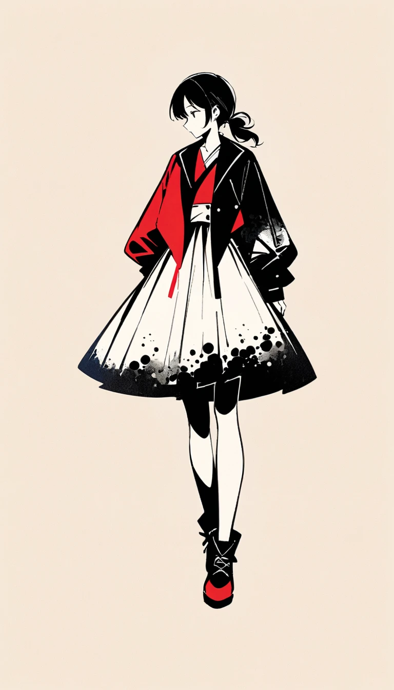 Ponytail girl, Gothic style, Minimalism, Linear style, Huge negative space, Ink Painting, Abstract