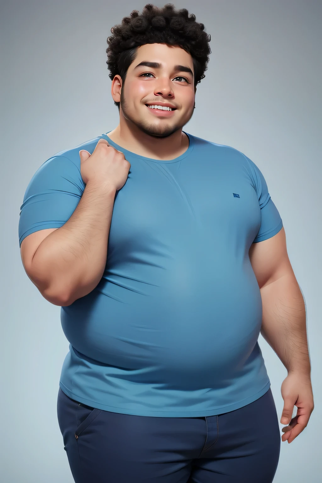 1 fat man (25yo) , , sexy pose, handsome face, afro hairstyle, , seductive smile, light blue casual
t shirt, short pants, gray background