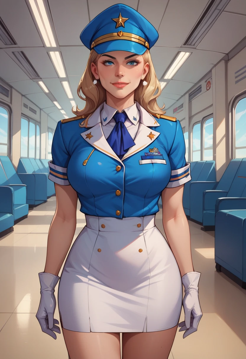 score_9, score_8_up, score_7_up, BREAK extremely detailed, 2d, solo, stewardess, blue blouse, white skirt, gloves, cap, (smile:0.5), indoors, airport, facing viewer, frontal image.