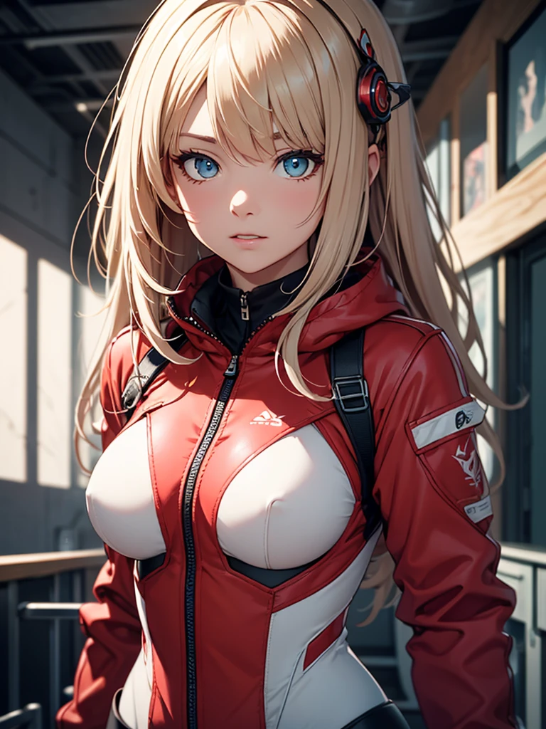 (8k, best quality, masterpiece:1.2), ultra-detailed, Masterpiece, realistic lighting,masterpiece, best quality, masterpiece, official art,extremely detailed CG unity 8k wallpaper,beautiful detailed eyes, light on face, 1girl, Asuka,Upper body, breasts, pilot_suit, plugsuit, red_jacket, windbreaker, gloves, bandage, hair_ornament, bracer,