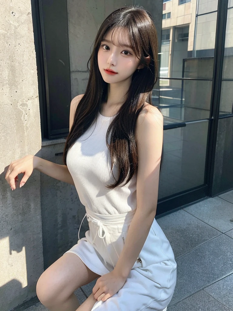 Shocking and high-quality real shots of Japanese beauty, with long flowing hair, exquisite facial features, big breasts, thin waist, round hips and long legs, completely naked, legs spread to both sides, standing on the glass, exposing thick pubic hair, with the mottled cement wall in the background, the photo The focus is on the girl's whole body, 50mm standard lens, low-angle shooting, high-quality texture, masterpiece.