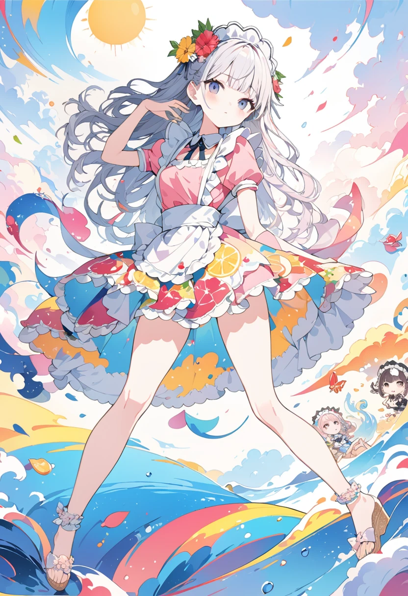 Momoko Sakura Style、8K quality、Intense watercolor,, Watercolor splash, Surreal, Avant-garde pop art, Beautiful and expressive paintings, Beautiful artwork illustration, Very colorful tones, wonderful, Cool Beauty, Highest quality、Official Art, Vector art, Stylish design, (((The most beautiful girl))), ((Thin legs))、(((Highest quality))), High resolution, ((detailed)), (((Doodle Art)), ((masterpiece)), ((Super detailed)),(((Stylish summer maid fashion))),,(Sexual),((Cool pose)))