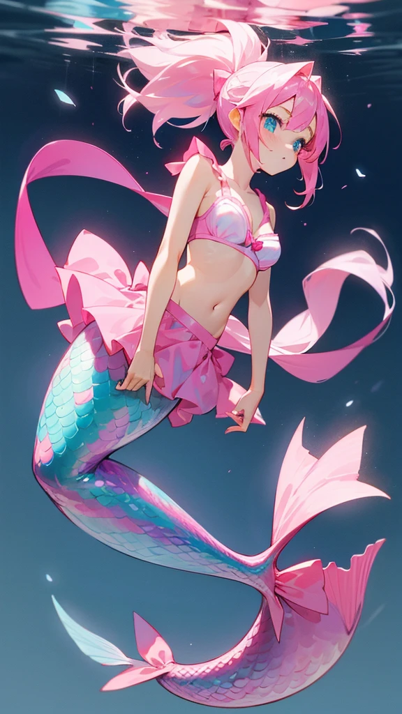 Anime girl with pink hair in long 2 ponytail wearing a mermaid tail with pink and her bra is pink with a small white bow on it and a big white bow behind her tail full body and white screen her eyes is blue