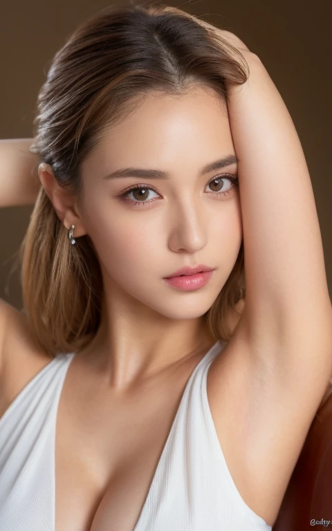 ((Armpit Pose、Armpit、Raise your hands to show your armpits、Full body, Detailed armpit wrinkles、Detailed skin texture、ciinematic light、top-quality、、masterpiece:1.3))、1girl in、Beautiful woman with slender abs:1.2、(Ted White hair、small tits:1.3)、((Nude))、Seductive open lip、sofas、hyperdetailed face、A detailed eye、double eyelid、high-ponytail Hairstyle、Brown hair、Latin blood、Seductive eyes