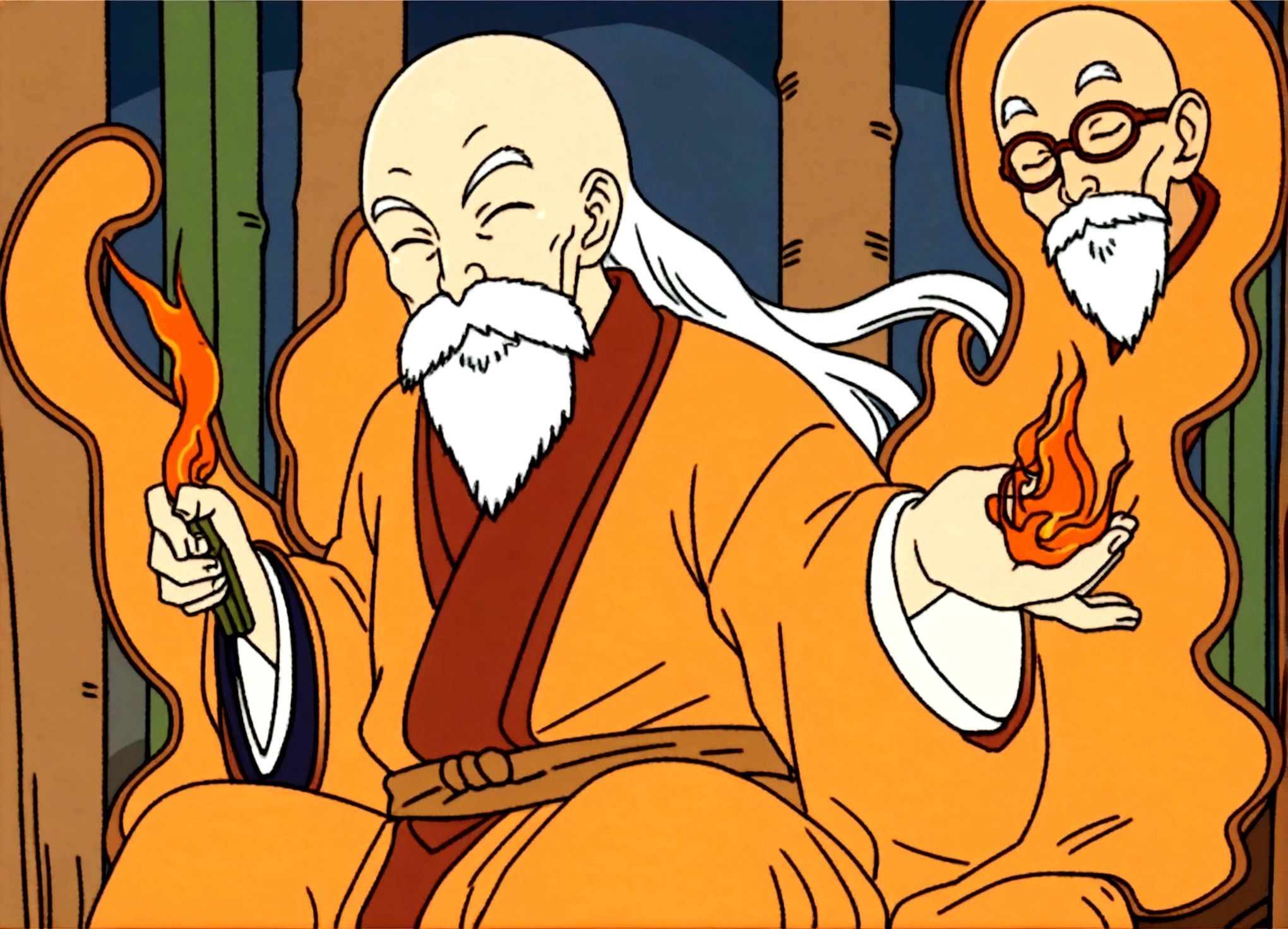 masterpiece, bald monk sitting in the bamboo forest, Andrew Tate, anime style, kimono clothes, 70 years old, beard, like muten roushi, old man, monk, closed eyes, long hair, facial hair, fu manchu beard, fu manchu, smile, peaceful smile, long white beard, beard mustache white hair, zen, immolation on fire, chinese clothes, muten roushi, old man, peaceful eyes, purple tank top light brown pants brown sash greens zori, That person is at the center、That person、He was a high-ranking monk of the Kamakura period。That person, Sitting upright facing the front。Impression、The statement is very convincing、History、I have the impression that he was an important person for Japan。If the person、80 photos％account。This image should be CG。