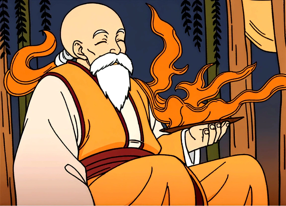 masterpiece, bald monk sitting in the bamboo forest, Andrew Tate, anime style, kimono clothes, 70 years old, beard, like muten roushi, old man, monk, closed eyes, long hair, facial hair, fu manchu beard, fu manchu, smile, peaceful smile, long white beard, beard mustache white hair, zen, immolation on fire, chinese clothes, muten roushi, old man, peaceful eyes, purple tank top light brown pants brown sash greens zori, That person is at the center、That person、He was a high-ranking monk of the Kamakura period。That person, Sitting upright facing the front。Impression、The statement is very convincing、History、I have the impression that he was an important person for Japan。If the person、80 photos％account。This image should be CG。