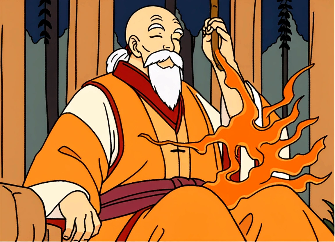 masterpiece, bald monk sitting in the bamboo forest, Andrew Tate, anime style, kimono clothes, 70 years old, beard, like muten roushi, old man, monk, closed eyes, long hair, facial hair, fu manchu beard, fu manchu, smile, peaceful smile, long white beard, beard mustache white hair, zen, immolation on fire, chinese clothes, muten roushi, old man, peaceful eyes, purple tank top light brown pants brown sash greens zori, That person is at the center、That person、He was a high-ranking monk of the Kamakura period。That person, Sitting upright facing the front。Impression、The statement is very convincing、History、I have the impression that he was an important person for Japan。If the person、80 photos％account。This image should be CG。