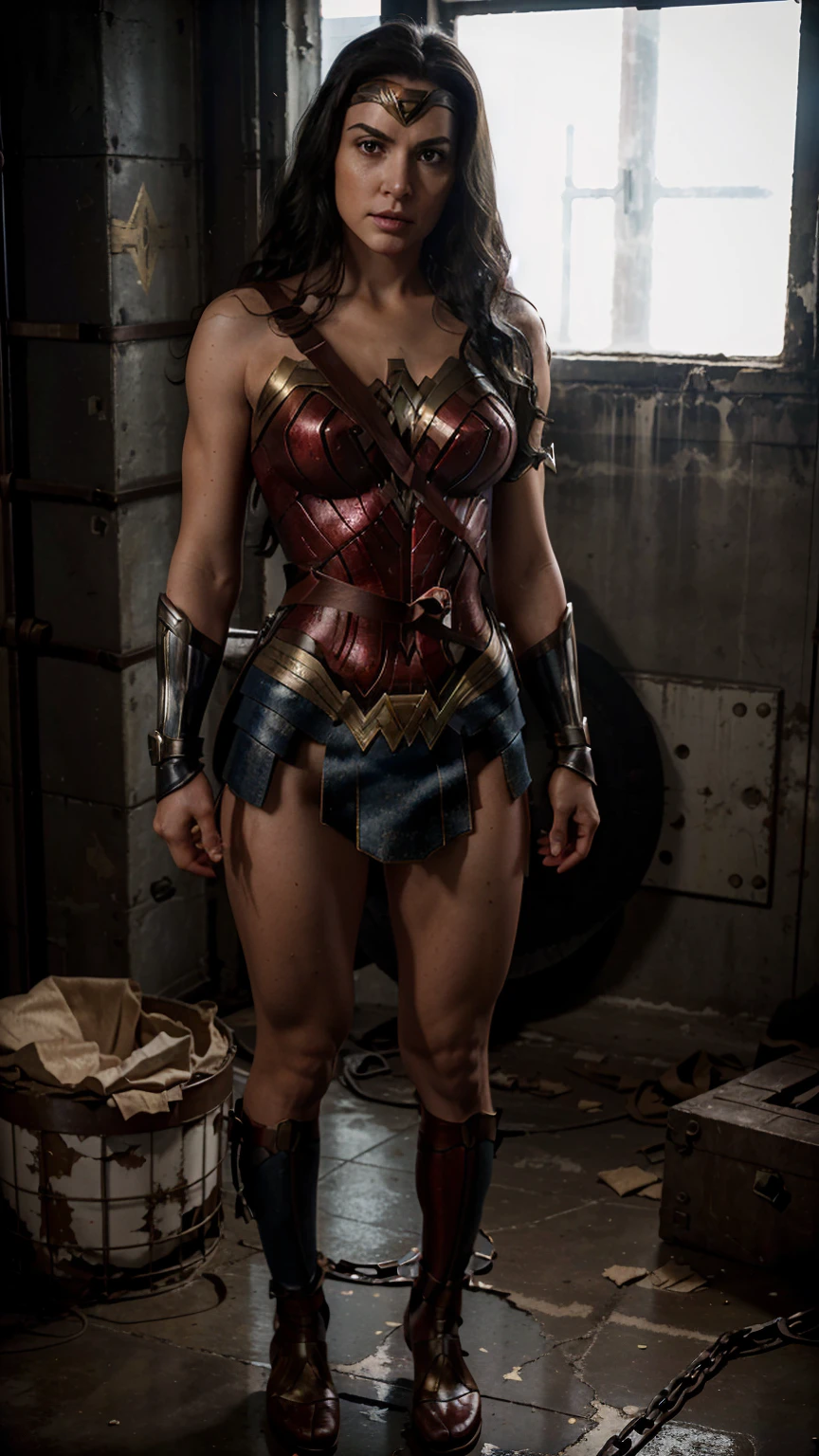 ((Full-length photo, standing, feet on the ground))Wonder Woman tied up and restrained. The image should portray Wonder Woman in a state of helplessness, with ropes or straps binding her arms and legs to the ground. Wonder Woman should have a serious or frustrated expression on her face, as if she's eager to break free but unable to do so. The image should have a dark and dramatic tone, with Wonder Woman's iconic red and blue costume standing out against a bleak and dystopian background. The image should convey a sense of tension and suspense, making the audience wonder just who captured and restrained Wonder Woman.
