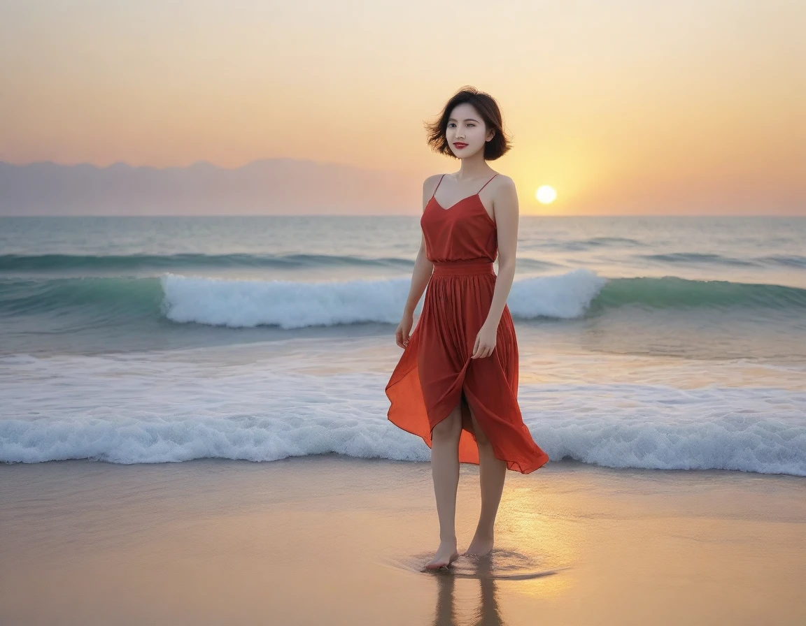 8K, sunset red sun on the beach，A strong lingering scent is reflected in the sea., Beautiful 36-year-old short Korean woman, Chest size 34 inches, Wear sleeveless, light skirt. beautiful pretty woman look , wearing a light skirt , Go far into the sea water and dip your toes., Short medium hair blowing in the wind, 1 woman, beautiful eyes, a little smile, Full-body photo taken from afar with a wide-angle lens, The background is clean and perfect., the waves are coming, The picture quality is very clear and clear