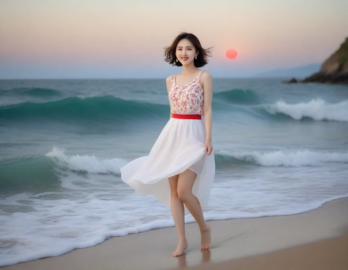 8K, sunset red sun on the beach,A strong lingering scent is reflected in the sea., Beautiful 36-year-old short Korean woman, Chest size 34 inches, Wear sleeveless, light skirt. beautiful pretty woman look , wearing a light skirt , Go far into the sea water and dip your toes., Short medium hair blowing in the wind, 1 woman, beautiful eyes, a little smile, Full-body photo taken from afar with a wide-angle lens, The background is clean and perfect., the waves are coming, The picture quality is very clear and clear