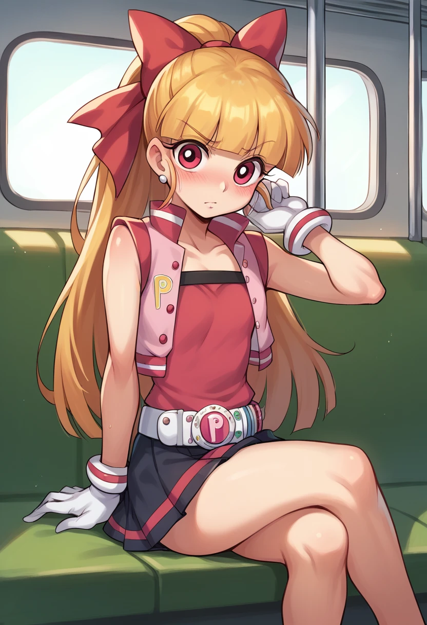 pov, akazutsumi_momoko, sitting, crossed legs, inside a train, vest, gloves, skirt, belt, looking at viewer, dick flash, foreskin, blushing, long hair,