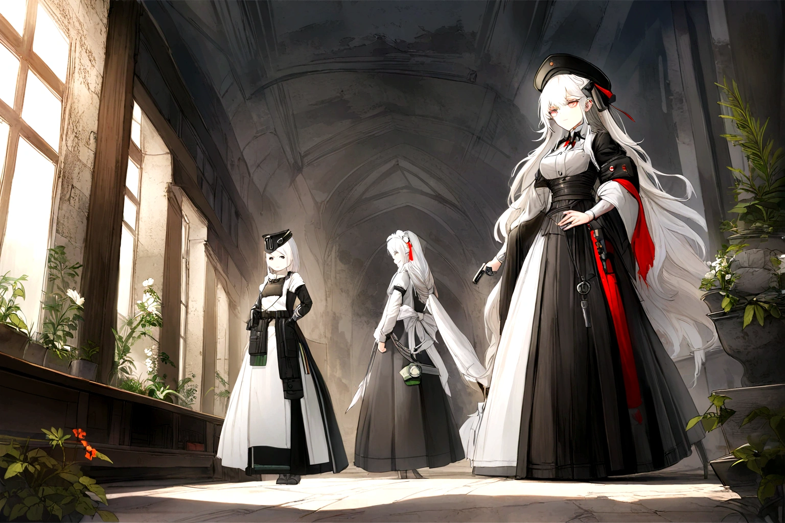 One wears、Holding a sword、Woman wearing a hat, from Girls Frontline, Fine details. Girls Frontline, From Arknights, Girls Frontline style, anime maid ss military, Azur route style, Girls Frontline cg, Kushat Krenz Key Women in Art, Gu Weiss, Krenzkushat, White-haired deity, Fleet Collection Style,Standing painting,E2 style,Standing painting的风格,one person,individual,individual立绘,