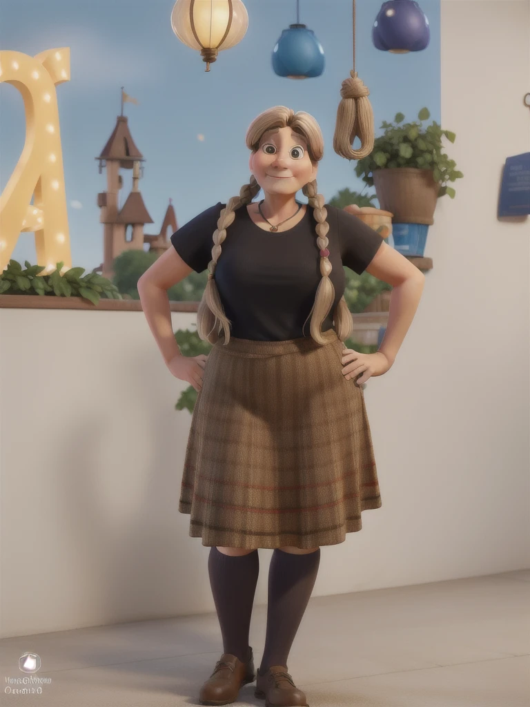 A 50-year-old woman, with long light brown hair with blonde highlights , wearing a colorful skirt, Disney Pixar style, high quality, best quality.