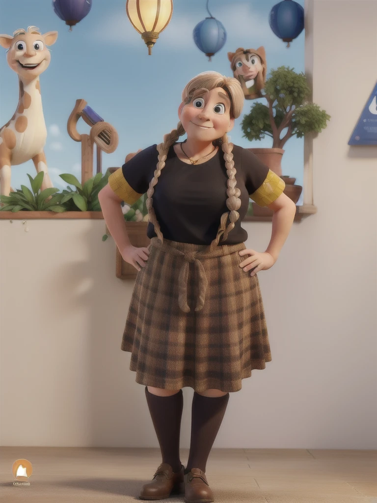 A 50-year-old woman, with long light brown hair with blonde highlights tied up, wearing a colorful skirt, Disney Pixar style, high quality, best quality.