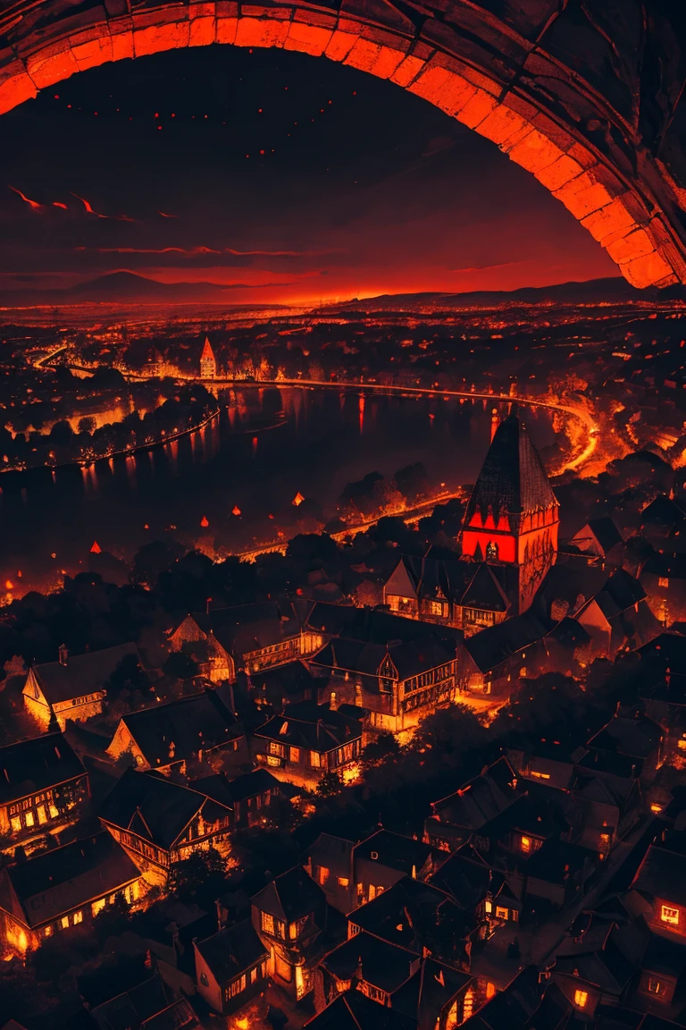 old European village shot with bird view, (Red glowing eyes), masterpiece, Depth of written boundary, Lutz, Gwaites style artwork, Gothic aesthetics, Dark Vampire village, ((in the dark gothic style cathle:1)), ((dark mid-night time:1.5)),