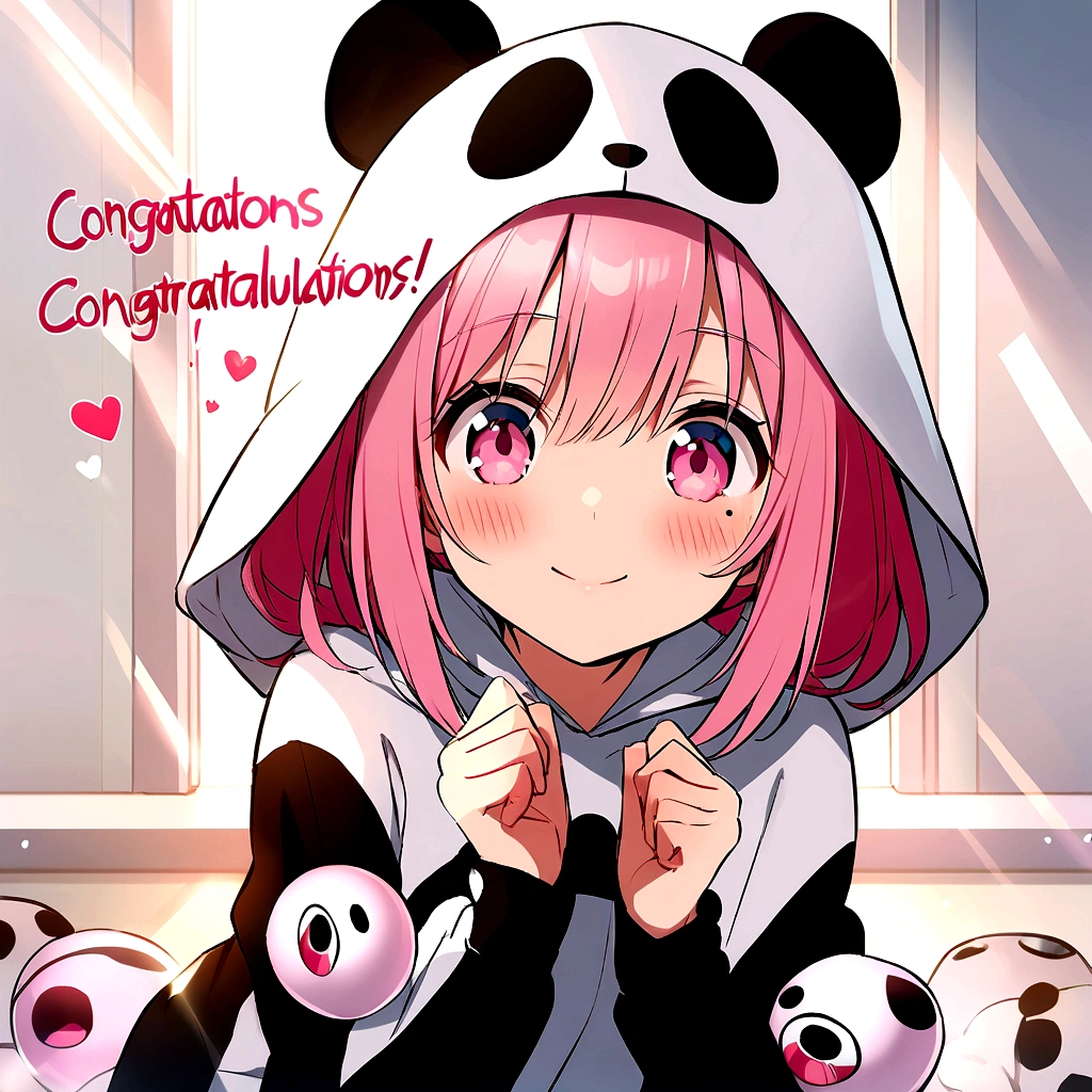 anime、Girl in panda costume、Pink Hair、Mole under the eye、Pink eyeball、Cute pose、Congratulations
