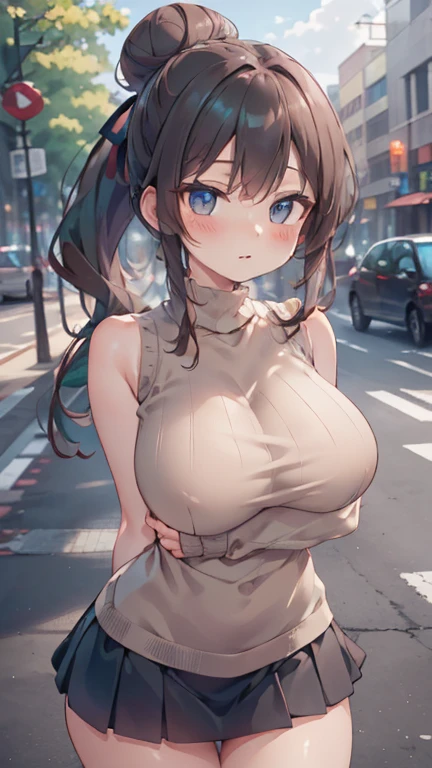 (work of art:1.2, maximum quality), (realisitic, photorealisitic:1.4), beautiful illustration, (natural side lighting, film lighting),
looking away, (Facial Focus, trunk, from low), 1 girl, Japanese, high school girl, , face perfect, perfectbody, beautiful face e simétrico, shining skin, baby face, mic,
(shorth hair:1.5, (low ponytail):1.6, long sideburns, Light brown bun hair), asymmetrical bangs, dark blue eyes, eyes large, droopy eyes, (medium breasts, Seductive thighs, big-ass),
cute hair, beautiful face, beautiful detailed eyes, beautiful collarbone, Body cute, nice chest, beautiful thigh, Nice legs, nice fingers,
((light brown sweater with open shoulders, black sleeveless sweater with turtleneck, brown tight mini skirt, ), emerald green hair ribbon),
(beautiful scenery), natta, (Street), standing, (kind smile, upper eyes, gaping mouth),