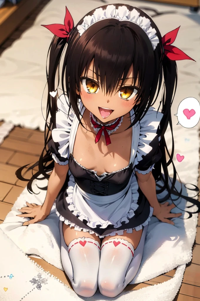 1girl, aster nemesis, dark-skinned female, black hair, very long hair, yellow eyes, flat chest , twin tails, looking at viewer, , , tanned body,grin, ,,8yo,,smile,,(spoken heart),(((maid costume))),miniskirt,thighhighs,,mansion,(((erect penis)))