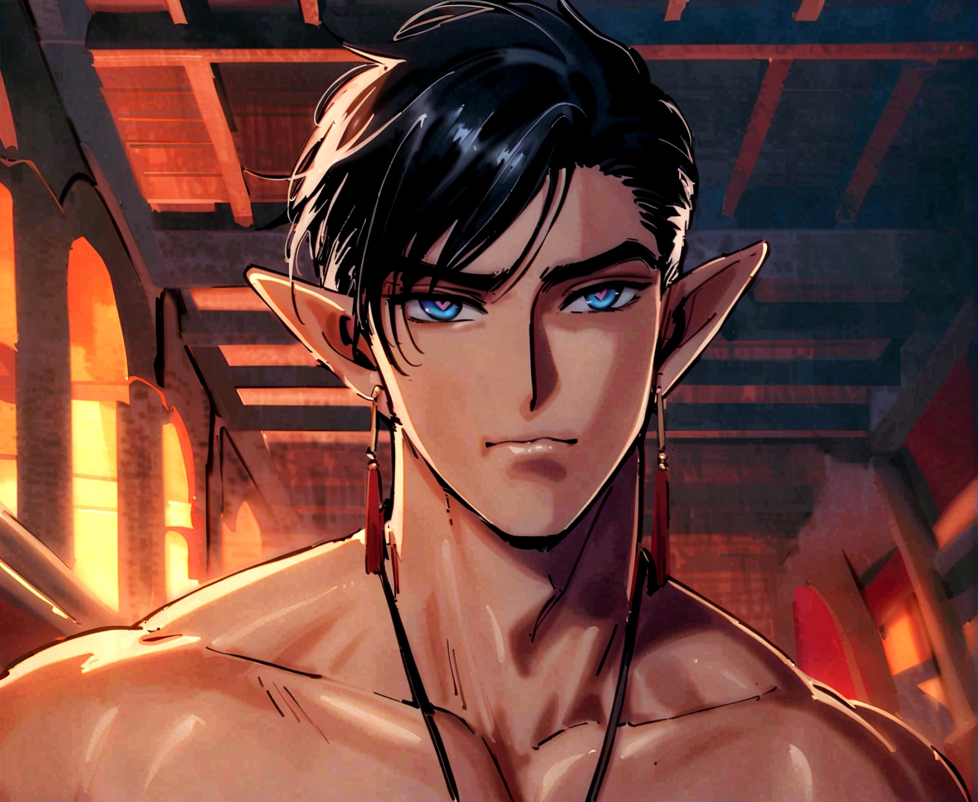 ((work of art, best qualityer)), 1 young boy, (mature man:1.4), 130 mmf1.4 lenses, 1 young boy, standing alone, pointy ears, heart-shaped pupils, From above, demon boy, big pectorals, saturados, colorfully, multicolored hair, silver hair, hair blue, multi colored eyes