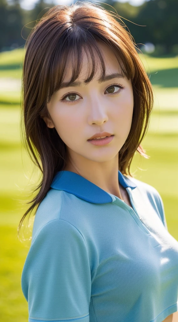 ((Highest quality, 8K, masterpiece: 1.3)), Sharp focus: 1.2, Perfect Body Beauty: 1.4, Slim Abs: 1.2, ((Dark brown hair, big: 1.2)), (Natural light, Sunny golf course: 1.1), Highly detailed face and skin texture, Fine grain, double eyelid, ((Dynamic Angle)))), Stylish Golf Wear