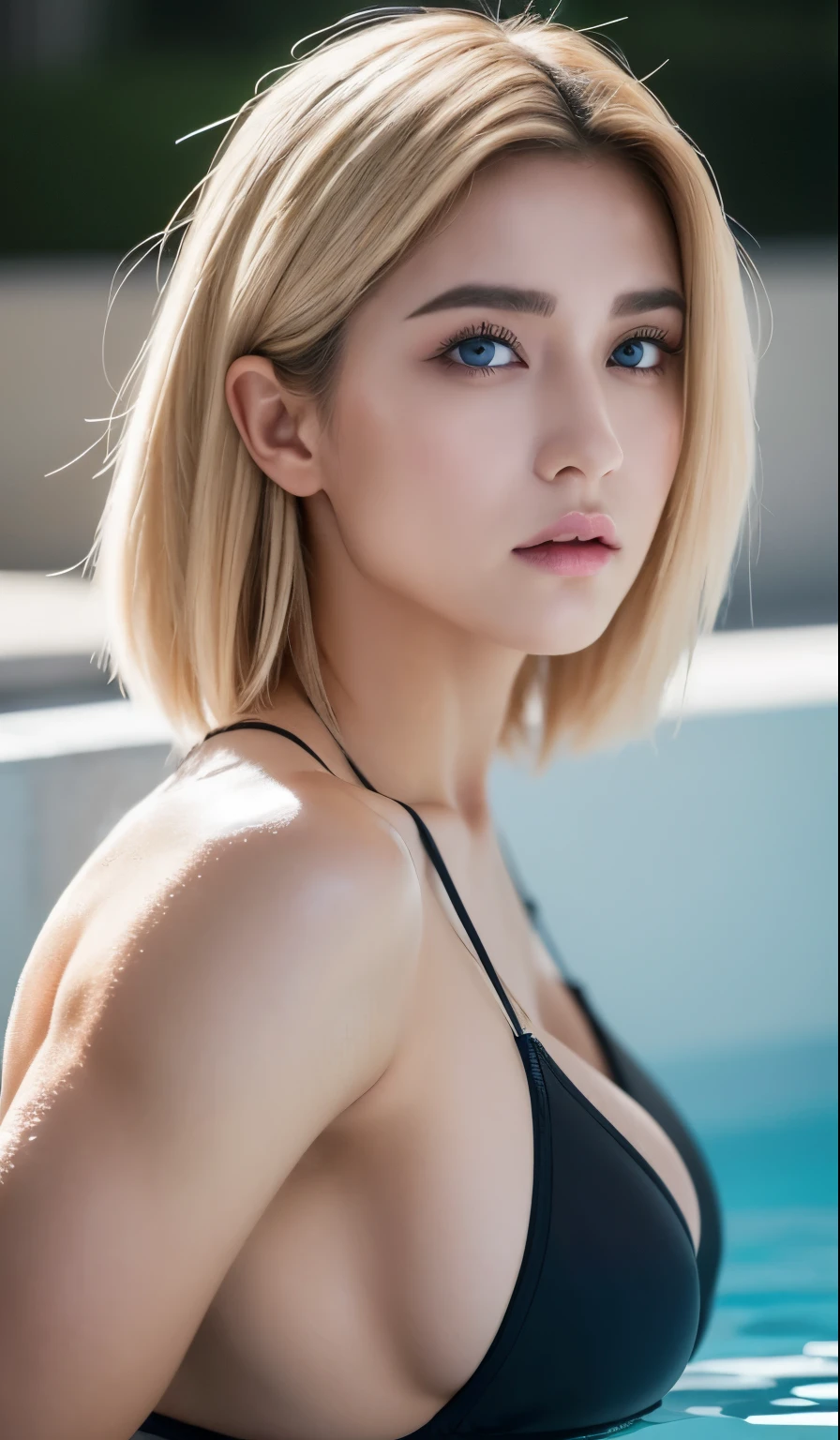 Ultra detailed face、Detailed lips、Detailed eyes、double eyelid、Dark eyeliner、iridescent heterochromatic eyes, Thick eyebrows、(Huge boobs:1.3)、((Esbian all over))、((Woman after exercise))、((Sexy face)),(Big ass in wet tones)、(Dark eyeshadow)、((Toned thighs))、(Swimwear)、((One woman)),(In the pool),Low lighting、8K,Masseter muscle area、(Fashion model posing),(Toned Abs),Detailed facial expressions,Artoria Pendragon (destiny),Things to know,Blonde pixie hair,