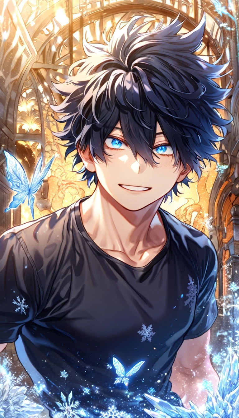 absurdres, highres, ultra detailed, HDR, master piece, best quality, extremely detailed face, delicated features, Gojou Satoru with black hair, messy hair, hair between the eyes, expressive blue eyes, Boku No Hero Academia, sexy man, solo, handsome, smile, blue jacket with fur, black T-shirt, fantasy, magical, ice, ice butterflies, snowflakes, starry night, ice style