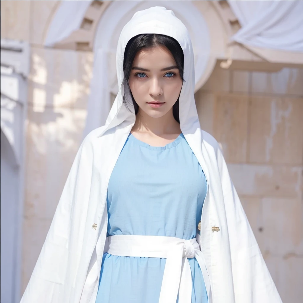 Beautiful woman with light blue eyes wearing blue tunic and white cloak, She has long black hair