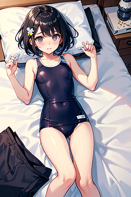 Highest quality、Black Hair、Iris、short hair、girl、cute、16 years old、、Small hair ornament、1 person、On the bed、Sleep on your back、School Swimsuit、Embarrassed look、Blushing、Masturbate、