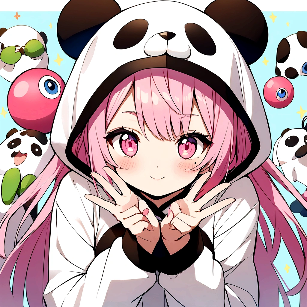 anime、Girl in panda costume、Pink Hair、Mole under the eye、Pink eyeball、Cute pose