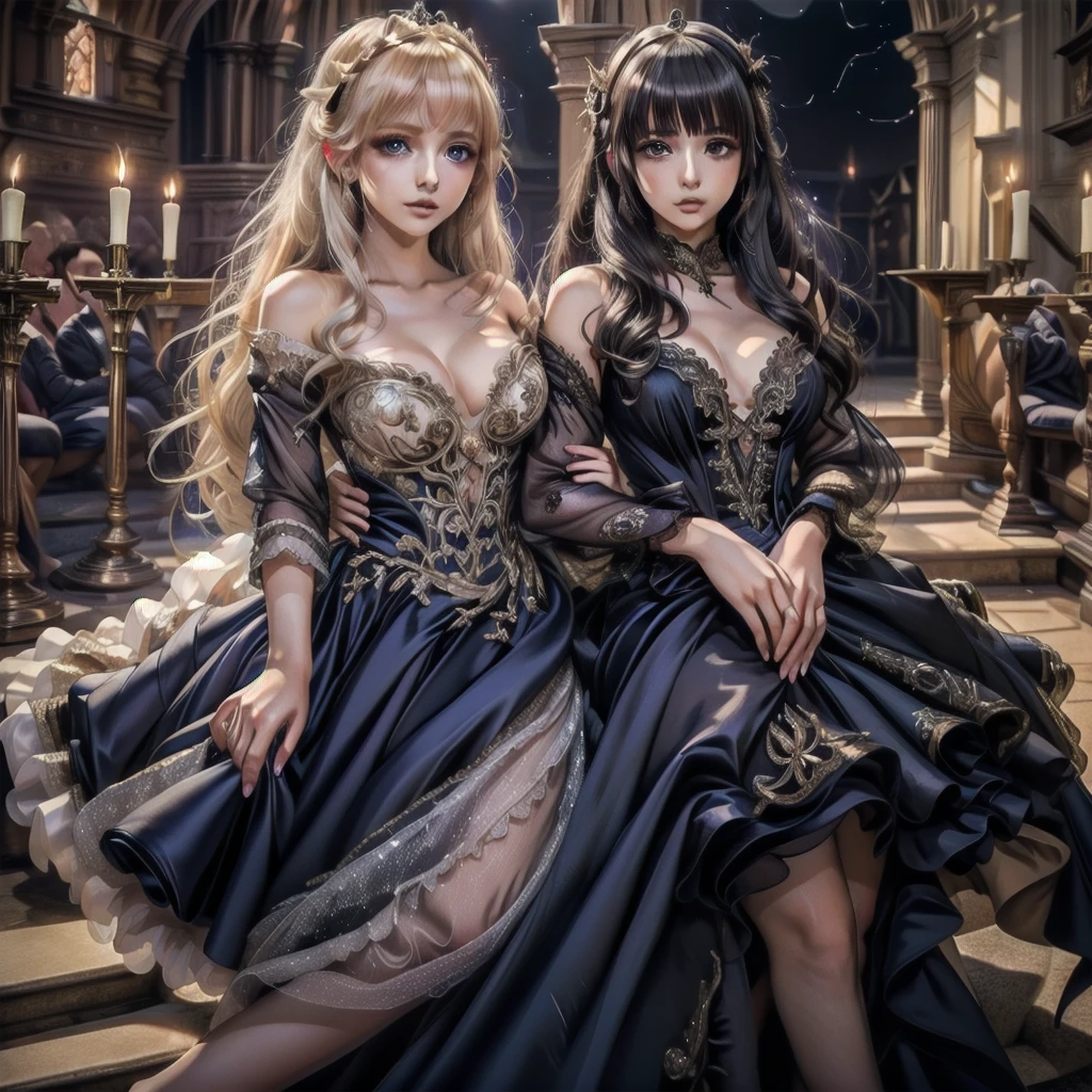 (((Dress Transparent Dress))), (((The dress features a voluminous hoop skirt and a long hem.、A gorgeous, incomparably gorgeous Rococo Victorian gown, Princess style skirt))), (ガウン shine まばゆいばかりに キラキラ 反射する プリズム状 透明 ガウン:1.2), (Gown A very elaborate gown:1.5), ((Huge breasts)), (Expressive hair), Very voluminous、Very long hair, bangs, Super delicate and beautiful face, Beautiful Lips, (Hyper Detail: Delicate and beautiful eyes), Cleavage, Beautiful smile, (((Young Face, Solo Enchanting Adorable Princess, Teenage Girl, pretty girl, very pretty girl))), (Anime Moe Art Style 1.3), (((masterpiece, Super detailed, Highest quality, Ultra-high resolution, Great quality, Exceptional Quality, Super detailed, Ultra-high resolution, Unity 16K, 32k, ultra photo Realistic))), (Face Focus, Eye focus, Realistic, Blurred Background, Lens flare, shine, Light caustic effect:1.5), (Background of the church at night:1.3), 