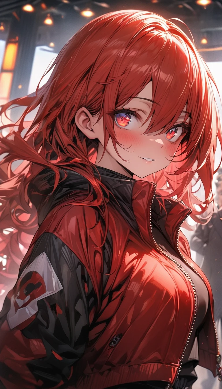 (masterpiece), (top quality), highly detailed, HDR, 1 girl, solo focus, black and red sports jacket, trousers, perfect face, long red hair, big eyes, red eyes, perfect eyes, fur eyes, highly detailed faces, standing