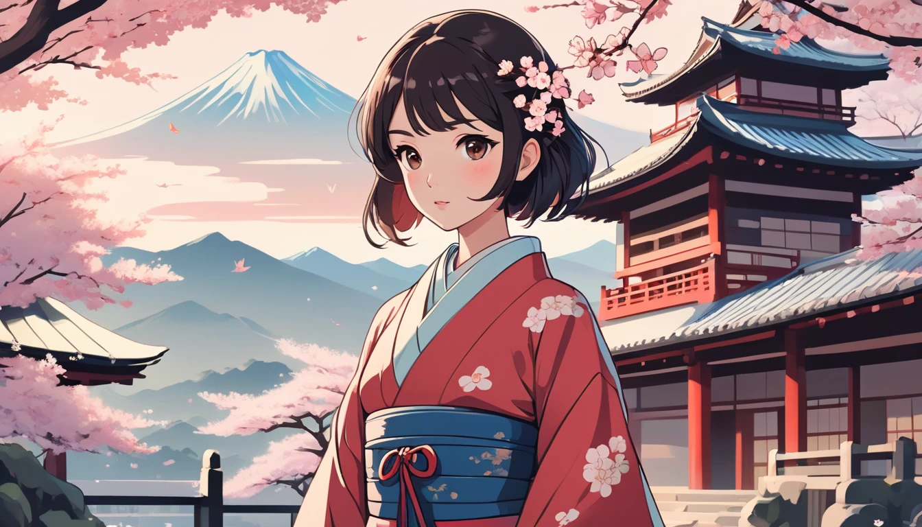 A woman in a kimono holding a sword,Japanese temple with cherry blossoms in the background、 Wide-angle lens, Lofi Anime, Lofi illustration, Aesthetic atmosphere, Lo-Fi Style, Vector art, Flat Design, Simple shape, Warm tones, Pleasant atmosphere, Chill, In anime style, Digital drawing, Vector art, Vector logo for t-shirt printing, (Adorable:1.5), (small:1.4), (Playful:1.2), (soft:1.3), (Whimsical:1.1), masterpiece, Highest quality, 8K, Intricate details, grow, Celestial, Mysterious, Picturesque, amazing, Majestic, Magic, Fantasy art, Cover art, dream-like