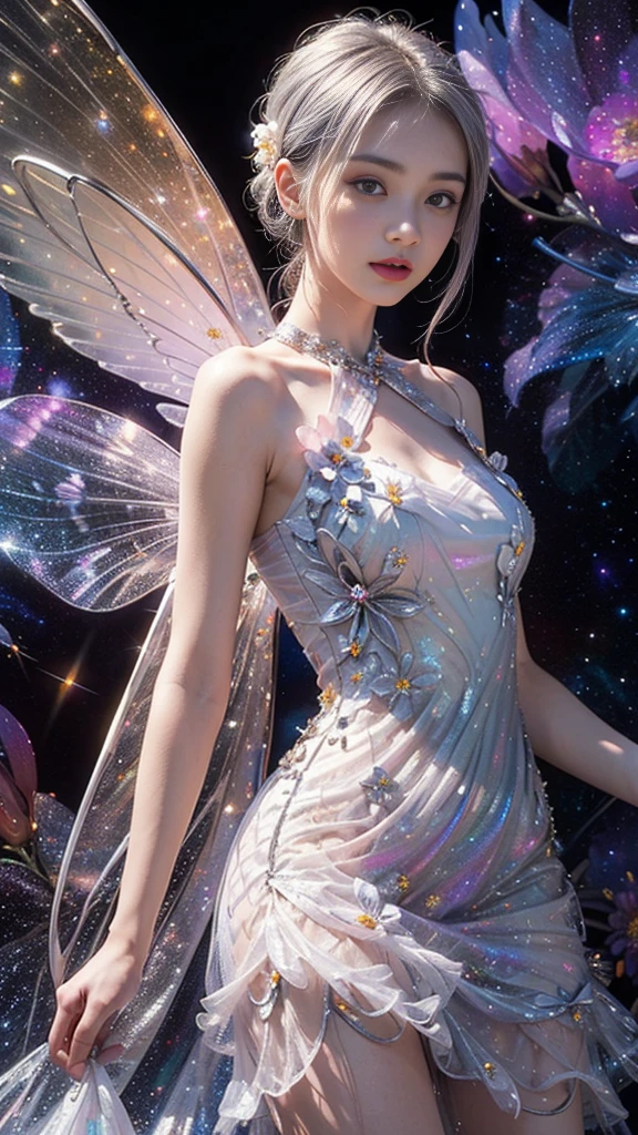 4k ultra hd, masterpiece, a girl, good face, detailed eyes, detailed lips, flower fairy girl, big wings, transparent wings, neon lights, (galaxy background:1.5), (flower dress:1.8), (silver dress:1.5), in the heaven,