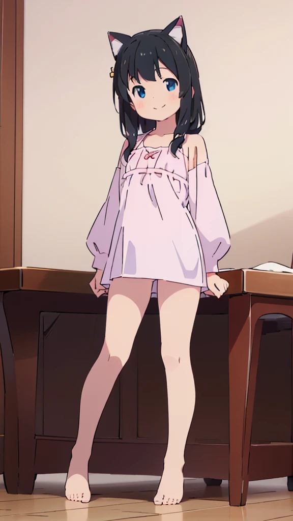 ((masterpiece))((Highest quality))Cat ear、girl、smile、blush、Flat Chest、Are thin、、low length、Black Hair、Leg-length hair、Embarrassed、Are standing、Whole body image、Even your toes are visible、Eye level on face、front、No background、mayonnaise、真frontのアングル