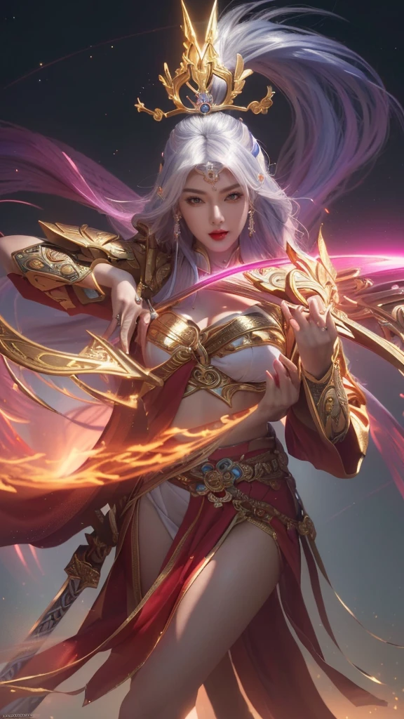 (8k, RAW photo, best quality, masterpiece:1.2),(realistic, photo-realistic:1.4), ultra-detailed, extremely detailed cg 8k wallpaper,(crystalstexture skin:1.2), (extremely delicate and beautiful),8k photo, super high quality, super realistic, super 10x pixels, optical, bright studio, bright edges, dual-tone lighting, (high-detail skin:1.2), super 8k, soft lighting, high quality, volumetric lighting, photorealistic, photorealistic high resolution, lighting, best photo, 4k, 8k quality,a woman with a sword and a crown on her head, extremely detailed artgerm, onmyoji detailed art, heise jinyao, ig model | artgerm, by Yang J, artgerm detailed, ne zha from smite, splash art, style artgerm, irelia, concept art | artgerm, official splash art,no bra,glowing sword,glowing hand,hot vibes,white hair