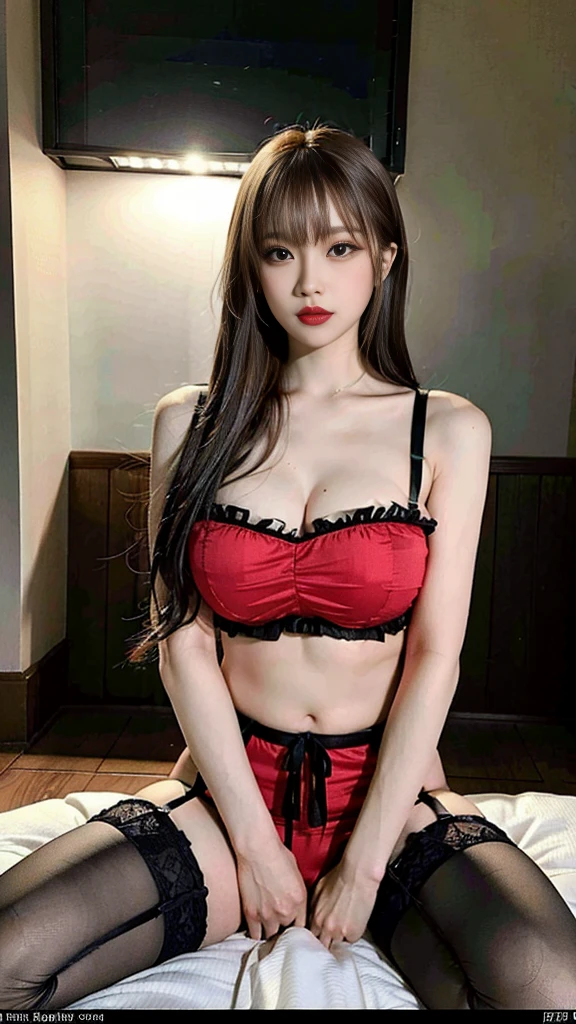 big curves, big breasts, 1girl, pubic hair, sexy lingerie, red lingerie, (full body), thighhighs, ((garter belt)), ((transparent lingerie)), (cameltoe), masterpiece, photorealistic, (best quality, 4k, 8k, highres, masterpiece:1.2), ultra-detailed, (realistic, photorealistic, photo-realistic:1.37), HDR, UHD, studio lighting, ultra-fine painting, sharp focus, physically-based rendering, extreme detail description, professional, portrait, NSFW