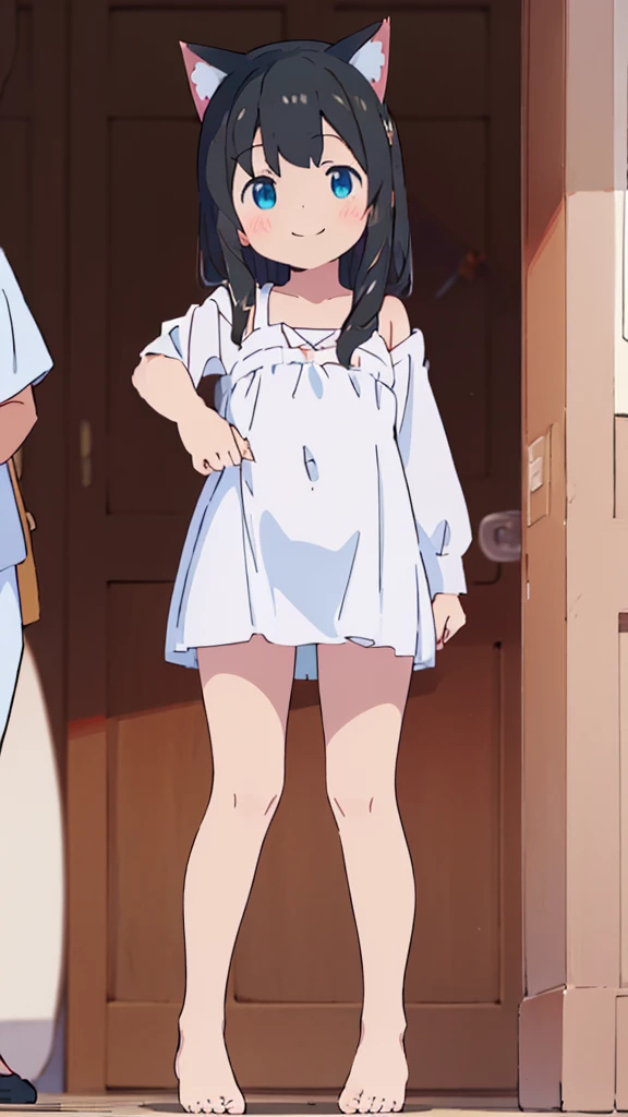 ((masterpiece))((Highest quality))Cat ear、girl、smile、blush、Flat Chest、Are thin、、low length、Black Hair、Leg-length hair、Embarrassed、Are standing、Whole body image、Even your toes are visible、Eye level on face、front、No background、mayonnaise、真frontのアングル