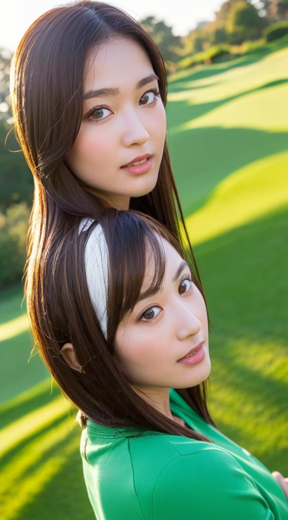 ((Highest quality, 8K, masterpiece: 1.3)), Sharp focus: 1.2, Perfect Body Beauty: 1.4, Slim Abs: 1.2, ((Dark brown hair, big: 1.2)), (Natural light, Sunny golf course: 1.1), Highly detailed face and skin texture, Fine grain, double eyelid, ((Dynamic Angle)))), Stylish Golf Wear