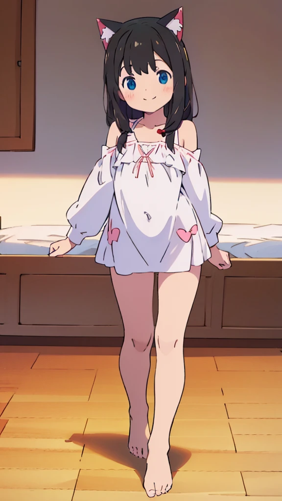 ((masterpiece))((Highest quality))Cat ear、girl、smile、blush、Flat Chest、Are thin、、low length、Black Hair、Leg-length hair、Embarrassed、Are standing、Whole body image、Even your toes are visible、Eye level on face、front、No background、mayonnaise、真frontのアングル