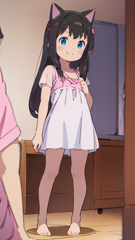 ((masterpiece))((Highest quality))Cat ear、girl、smile、blush、Flat Chest、Are thin、、low length、Black Hair、Leg-length hair、Embarrassed、Are standing、Whole body image、Even your toes are visible、Eye level on face、front、No background、mayonnaise、真frontのアングル